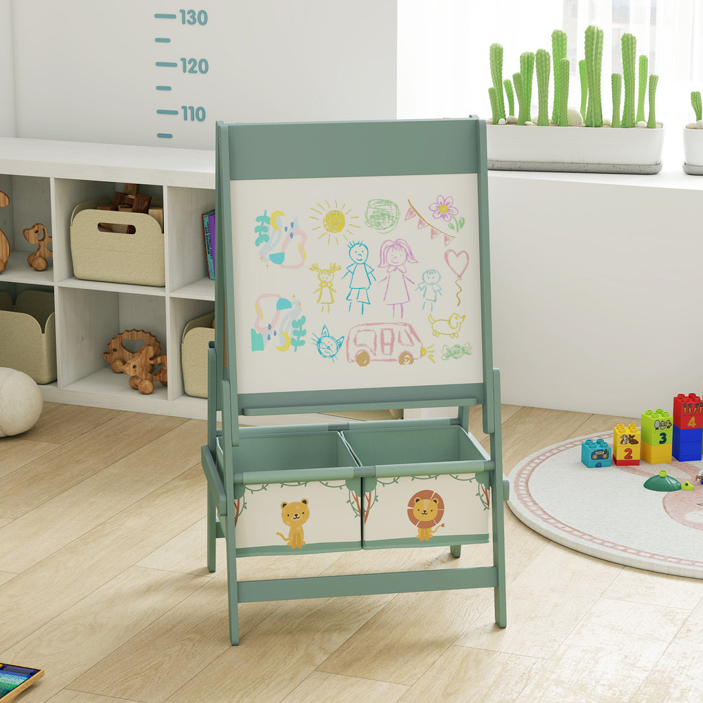 3-in-1 Children's Blackboard with Easel, Paper Roll and 2 Baskets, Wooden, 54x46x94 cm, Green