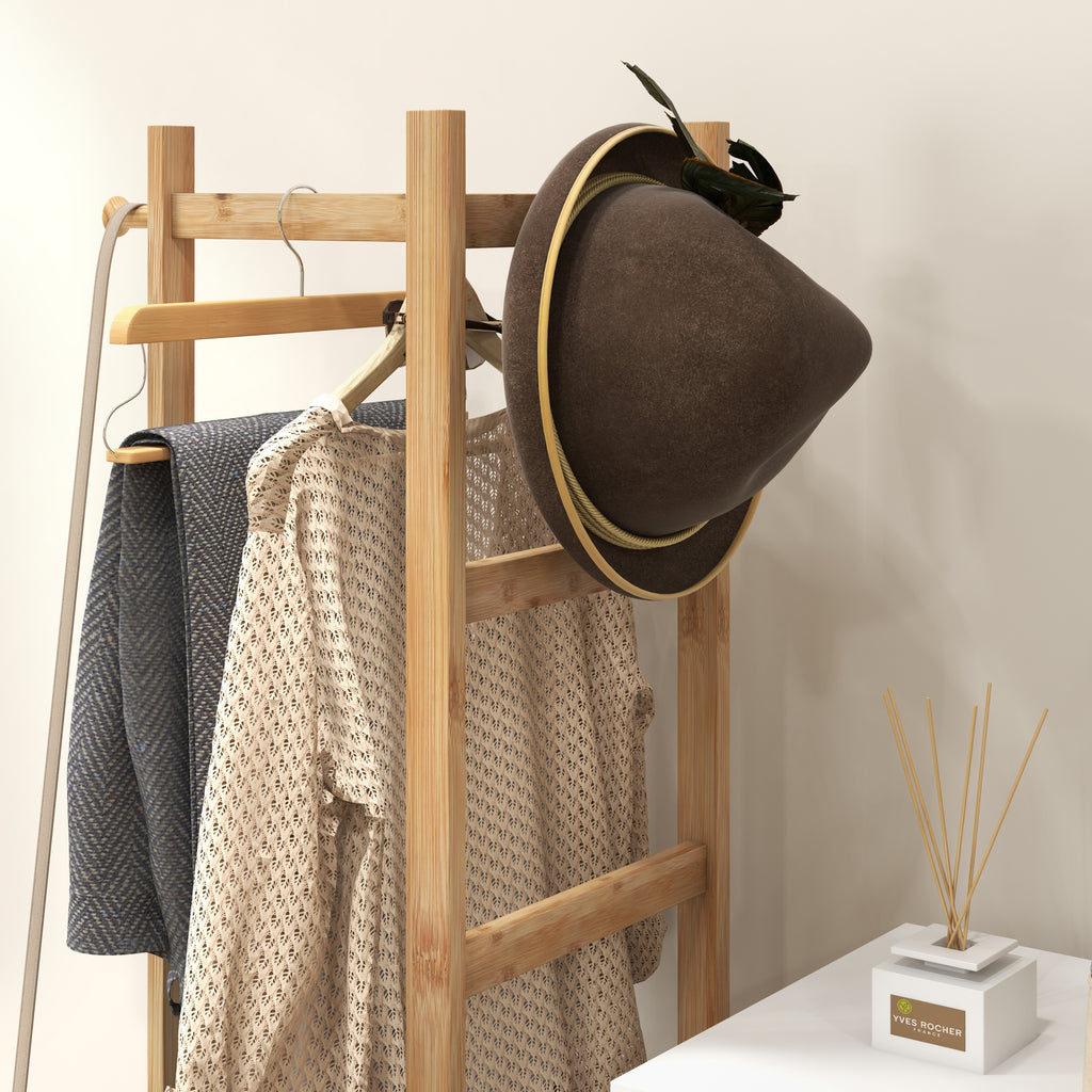Freestanding Coat Rack with Central Bar, 4 Side Bars, 2 Hooks and 2 Shelves, Wood and Black