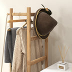 Freestanding Coat Rack with Central Bar, 4 Side Bars, 2 Hooks and 2 Shelves, Wood and Black