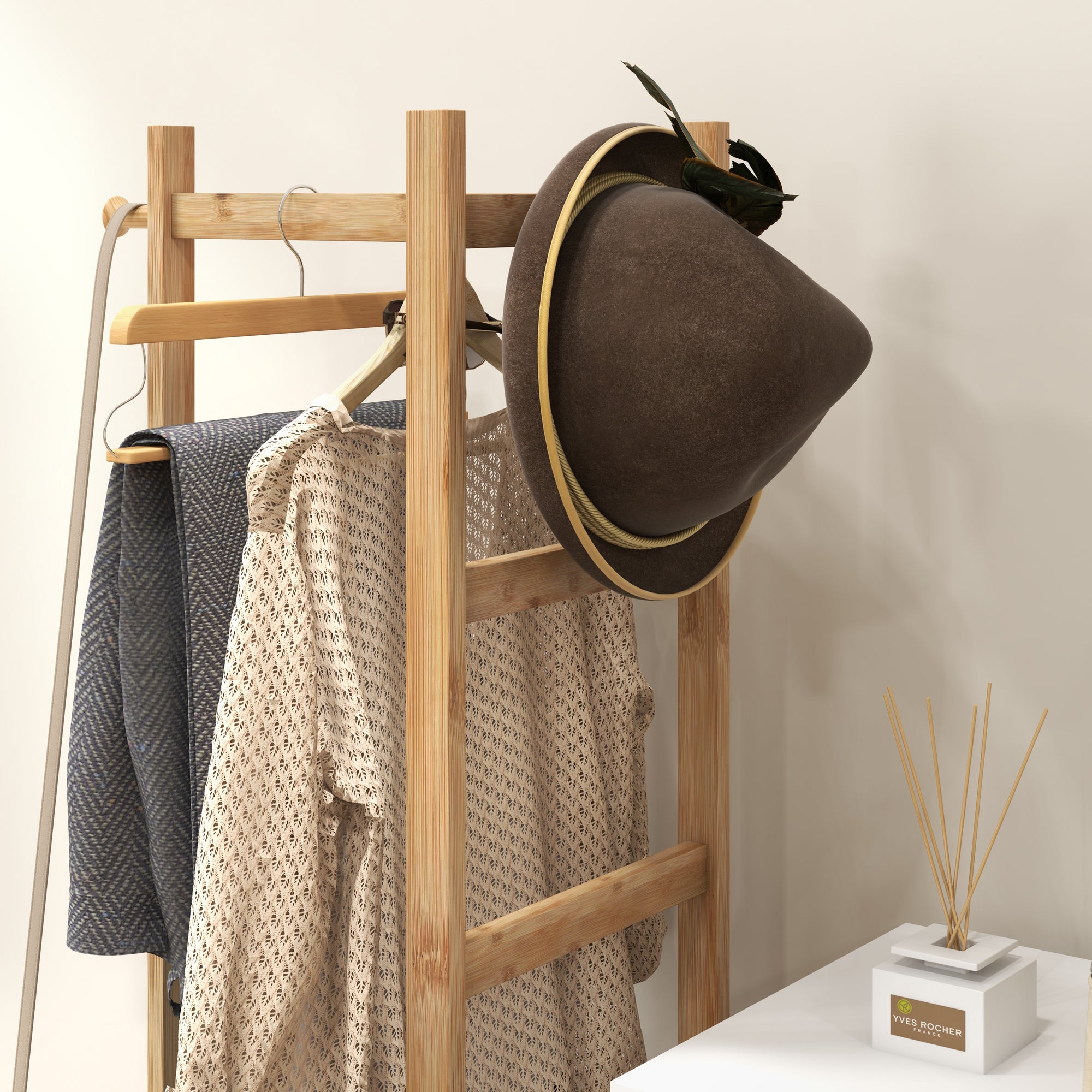 Freestanding Coat Rack with Central Bar, 4 Side Bars, 2 Hooks and 2 Shelves, Wood and Black