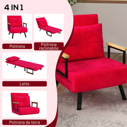 Velvet Red, 3 in 1 Reclining Backrest Sofa Bed with Cushion, Velvet Effect Fabric, 63x73x81 cm, Red