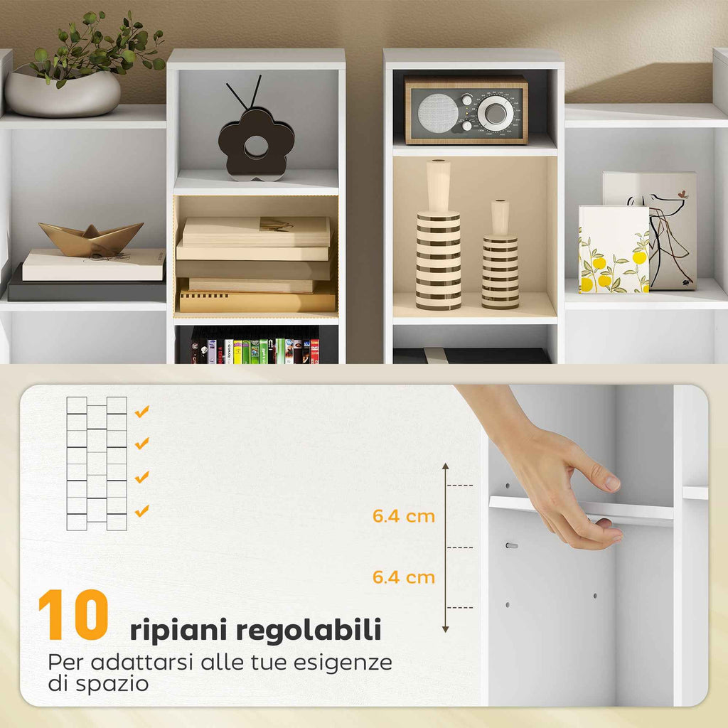 HOMCOM Modern Wooden Bookcase, 181 cm High, with 21 Compartments and 10 Adjustable Shelves, White
