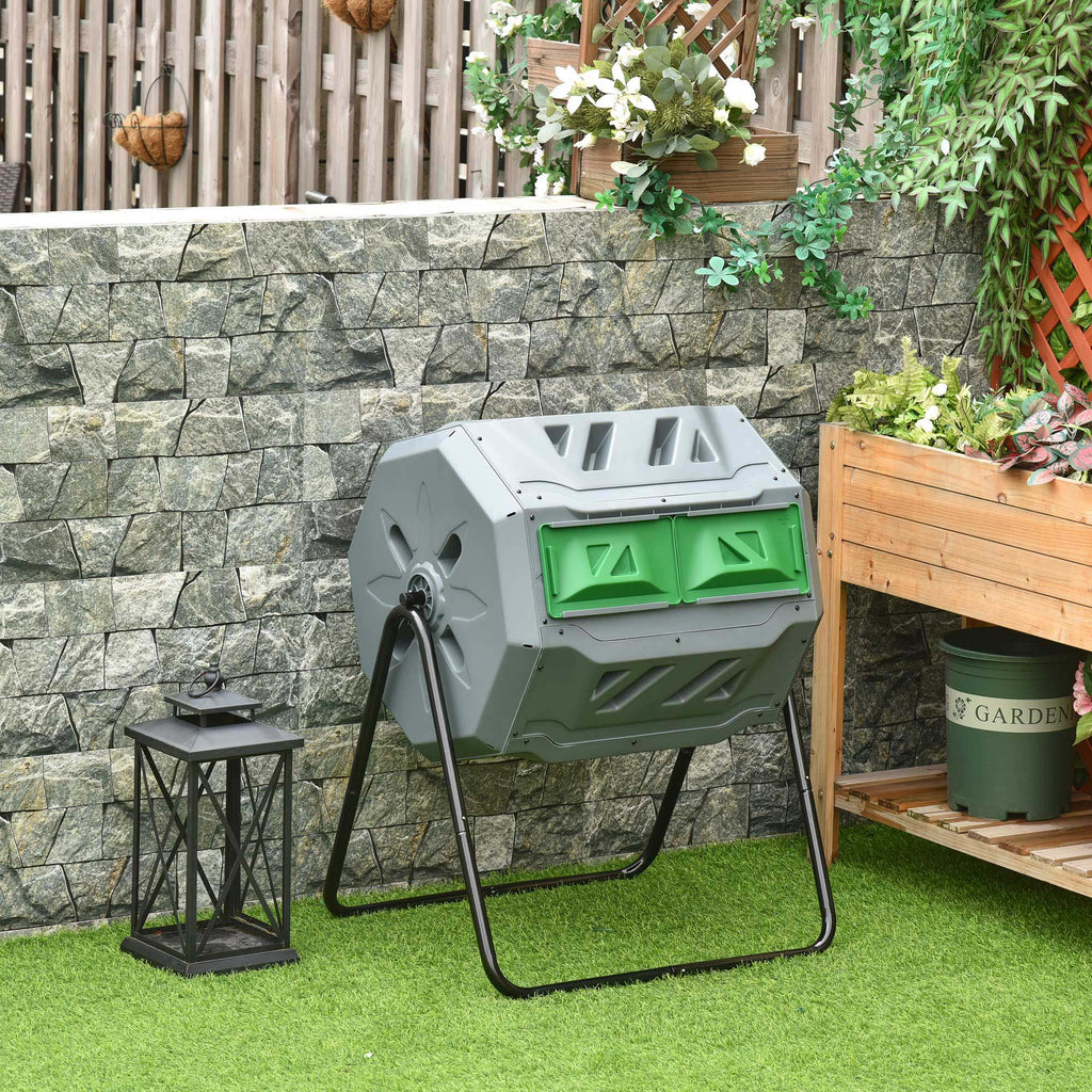 2-Section Rotating Garden Composter with 8 Air Vents, Steel and PP, 71x65x96 cm, Grey