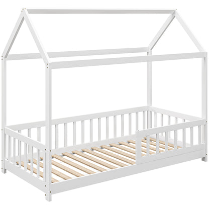 Children's House-Shaped Bed Frame with Slats and Fence, Pine Wood, 96x195x165 cm, White