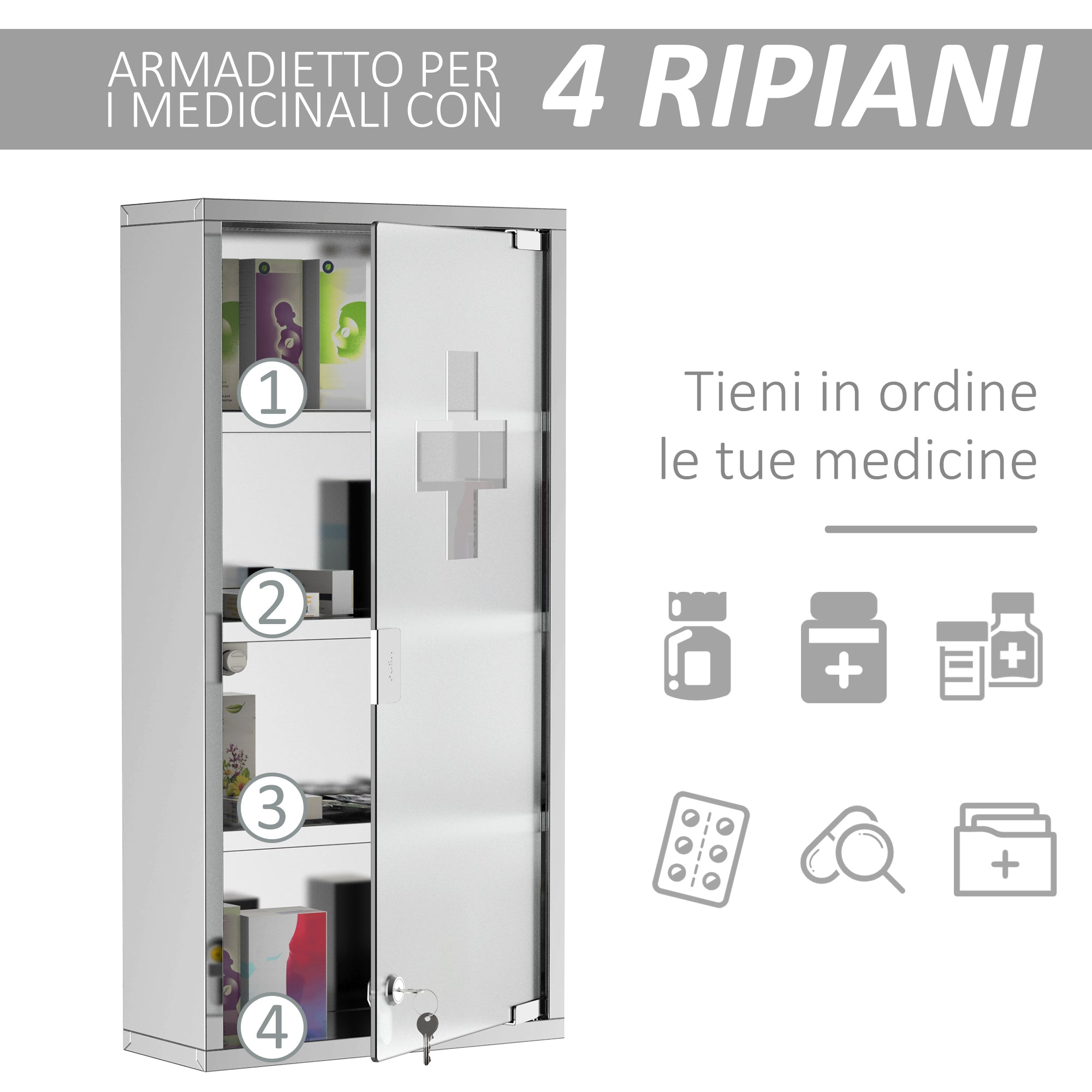 Medicine Cabinet Medicine Box with Four Shelves in Stainless Steel 30 x 12 x 60cm