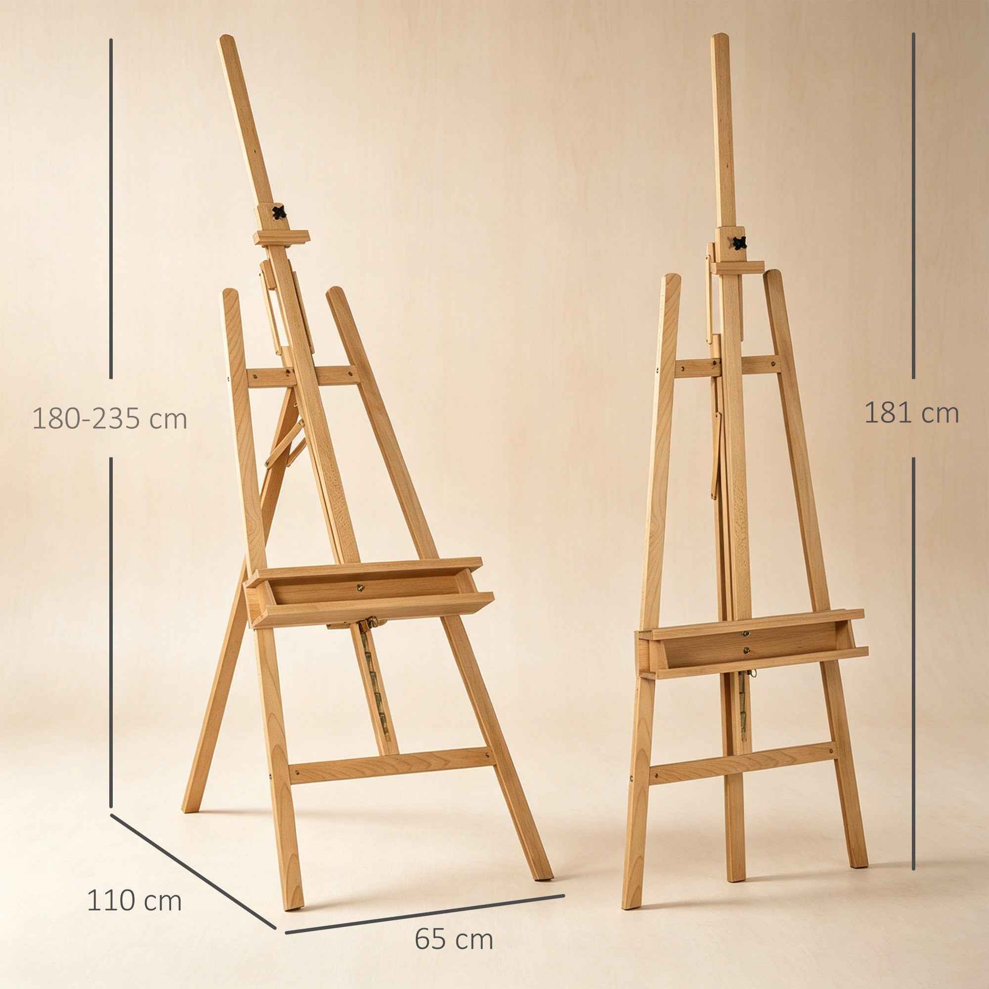 Vinsetto Folding Beech Easel with Adjustable Height and Angle, 65x110x180-235 cm