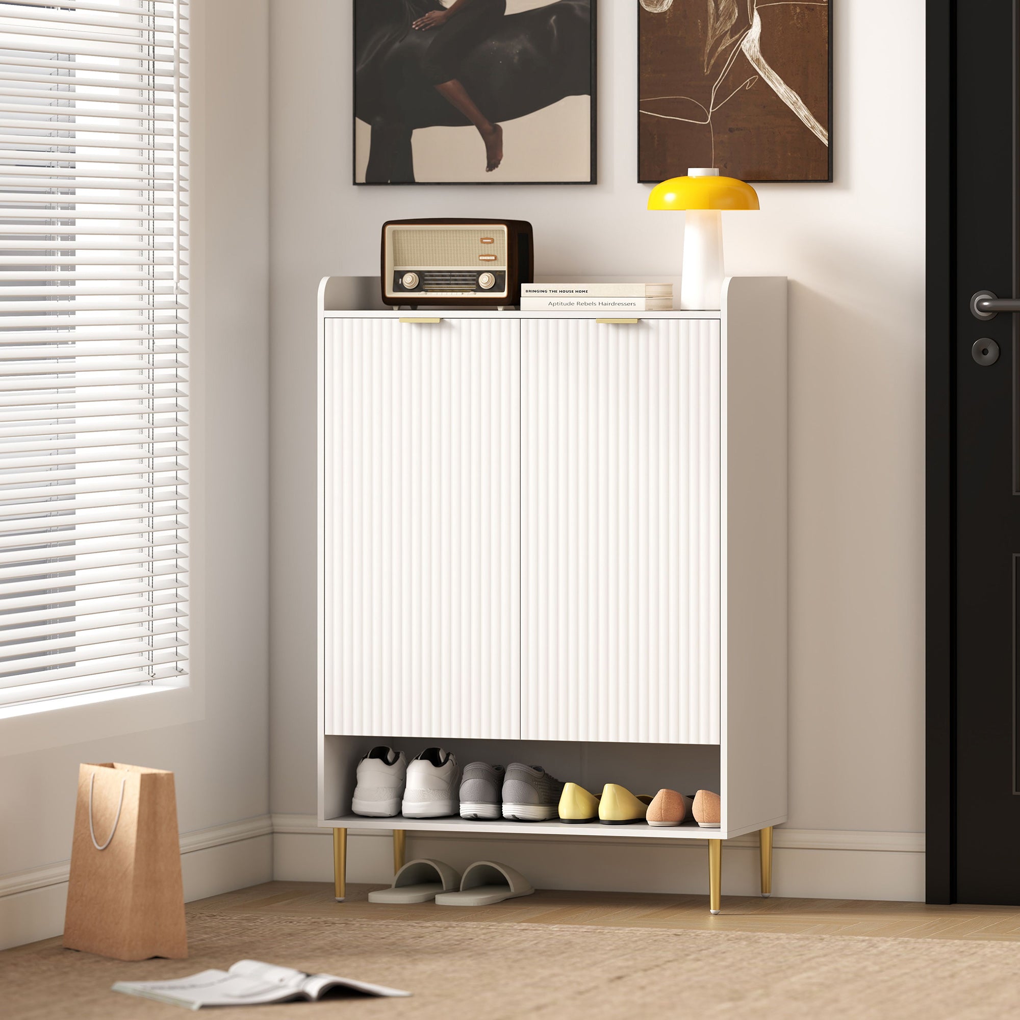 Space-Saving Shoe Rack for 24 Pairs of Shoes with 2 Doors, 3 Pull-Out Shelves and Bottom Shelf, White