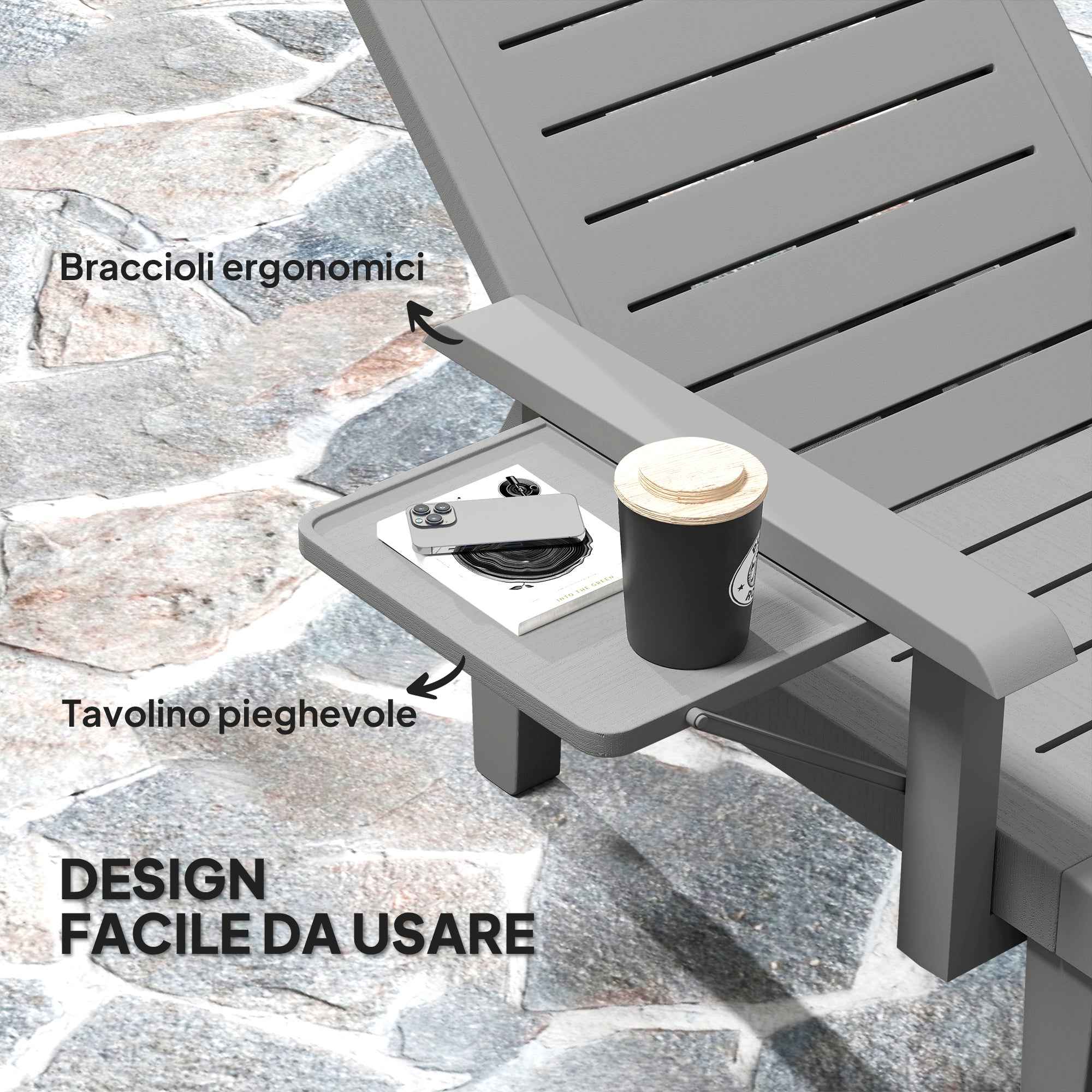 Outsunny Set of 2 Adjustable Garden Loungers with Table and Armrests, in Polypropylene, 79x158x88 cm, Dark Grey