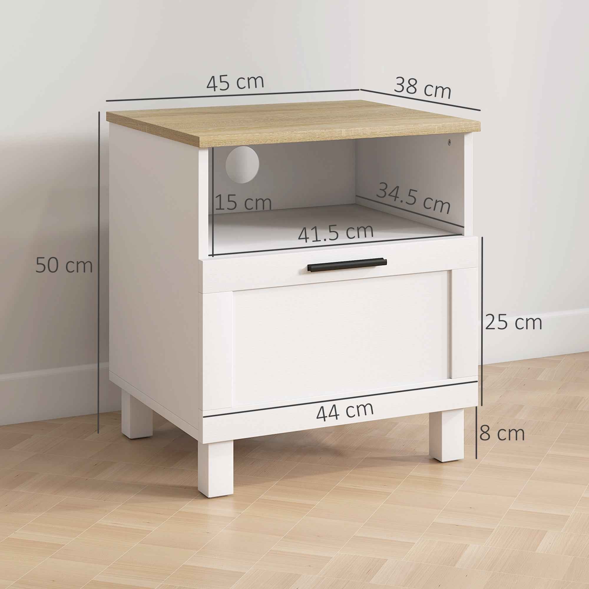HOMCOM Modern Bedside Table with Drawer and Wooden Shelf, 45x38x50 cm, White and Wood Color