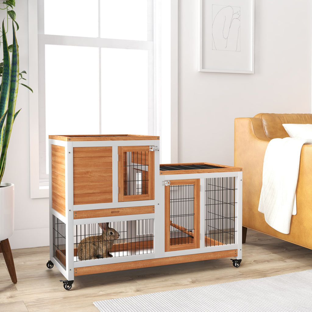 PawHut Wooden Rabbit Hutch with Wheels, Removable Trays and House with Ramp, 110x50x88 cm, Yellow and White