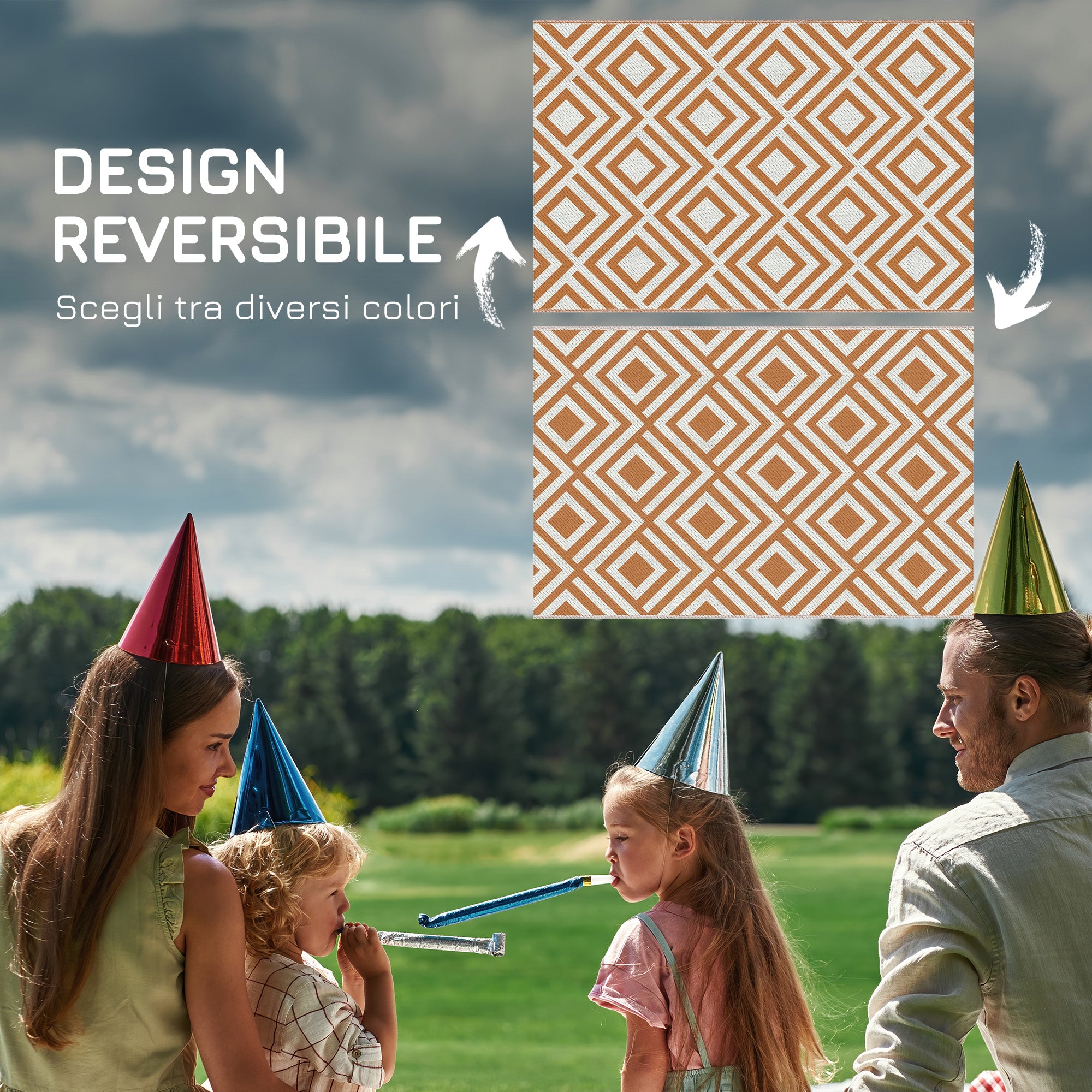 Outdoor Carpet for Balcony and Terrace Reversible with Geometric Pattern, 182x274 cm, Brown and White