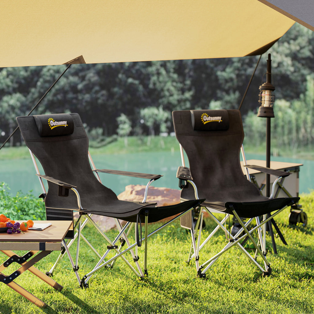 Set of 2 Folding Camping Chairs with Detachable Footrest and Cup Holder, 82x50/100x88 cm, Black