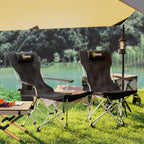 Set of 2 Folding Camping Chairs with Detachable Footrest and Cup Holder, 82x50/100x88 cm, Black