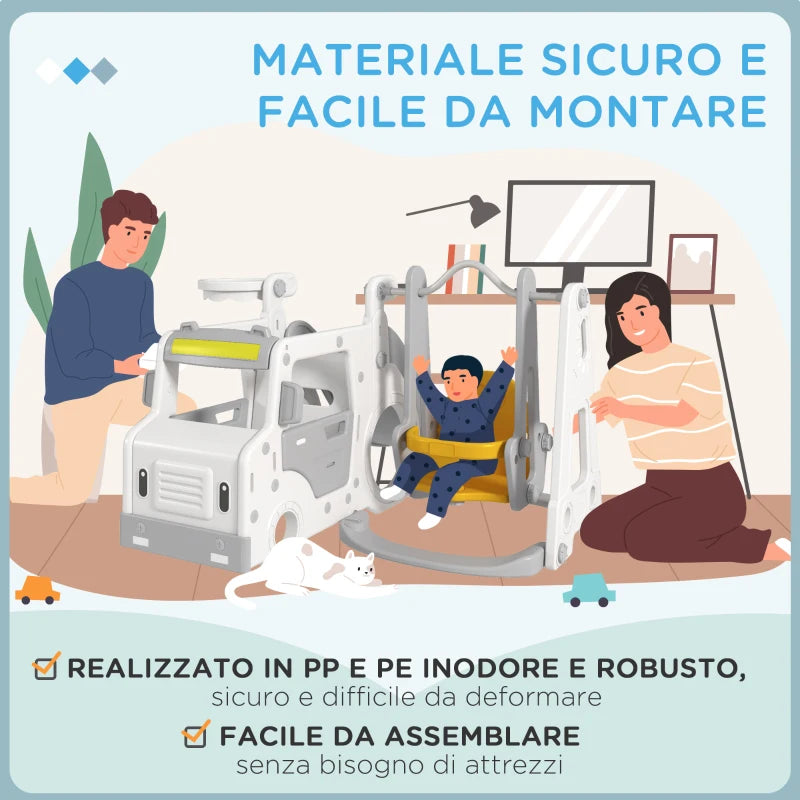 Slide Set for Children 18-48 Months with Swing, Toy Car and Basketball Hoop, 201x151x87.5cm, White