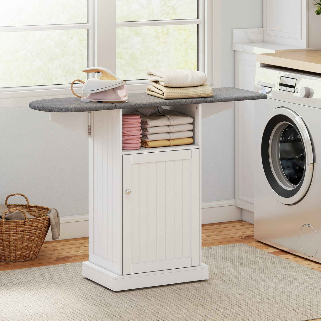 Folding Ironing Board with Wheels, Open Shelf and Cabinet, 121 x 37 x 89 cm, White and Grey
