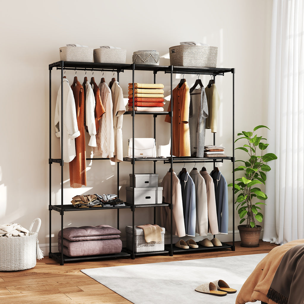 Fabric Wardrobe with 8 Shelves and 3 Hanging Rods, 182x43x185 cm, Black