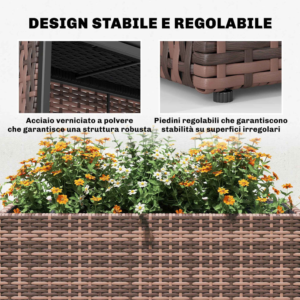 Outsunny 45L Outdoor Rattan Raised Garden Bed with Drainage Holes and Adjustable Feet, Brown