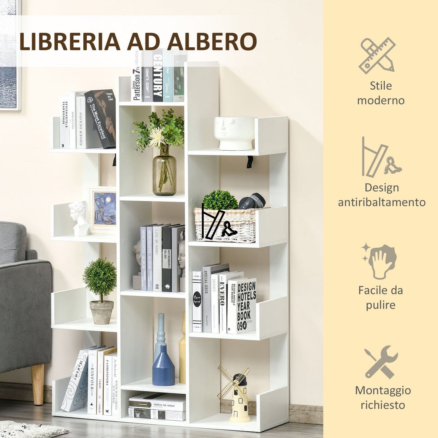 Tree-shaped bookcase with 13 shelves in chipboard, 96x30x150cm - Borgè