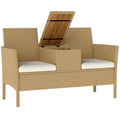 Garden Bench with Drop-Leaf Table Storage, in Rattan and Steel, 134x58x82 cm, Cream and Khaki