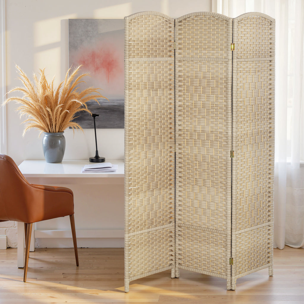 HOMCOM 3-Panel Folding Room Divider, 135x180cm, Woven PP and Pine Wood Screen, Oak