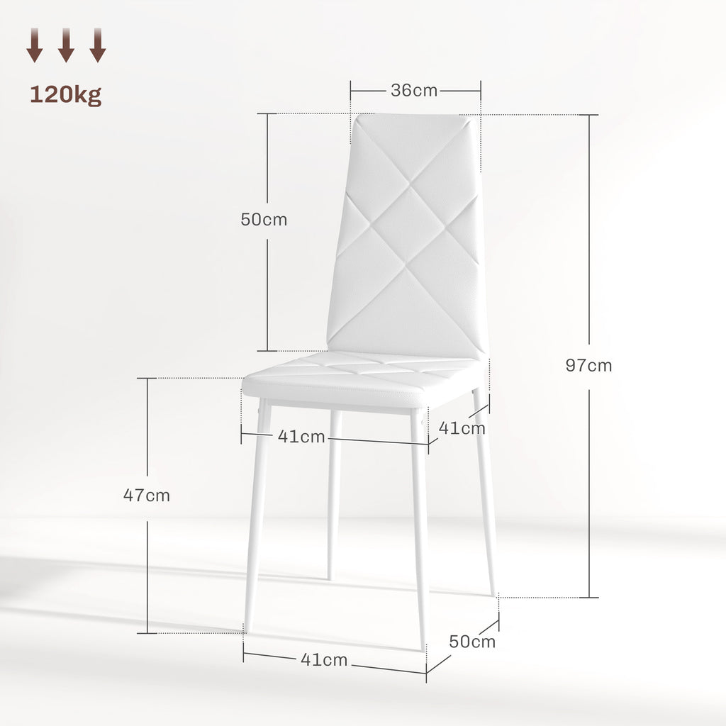 Set of 6 Modern High Back Dining Chairs in Faux Leather and Steel, 41x50x97 cm, White