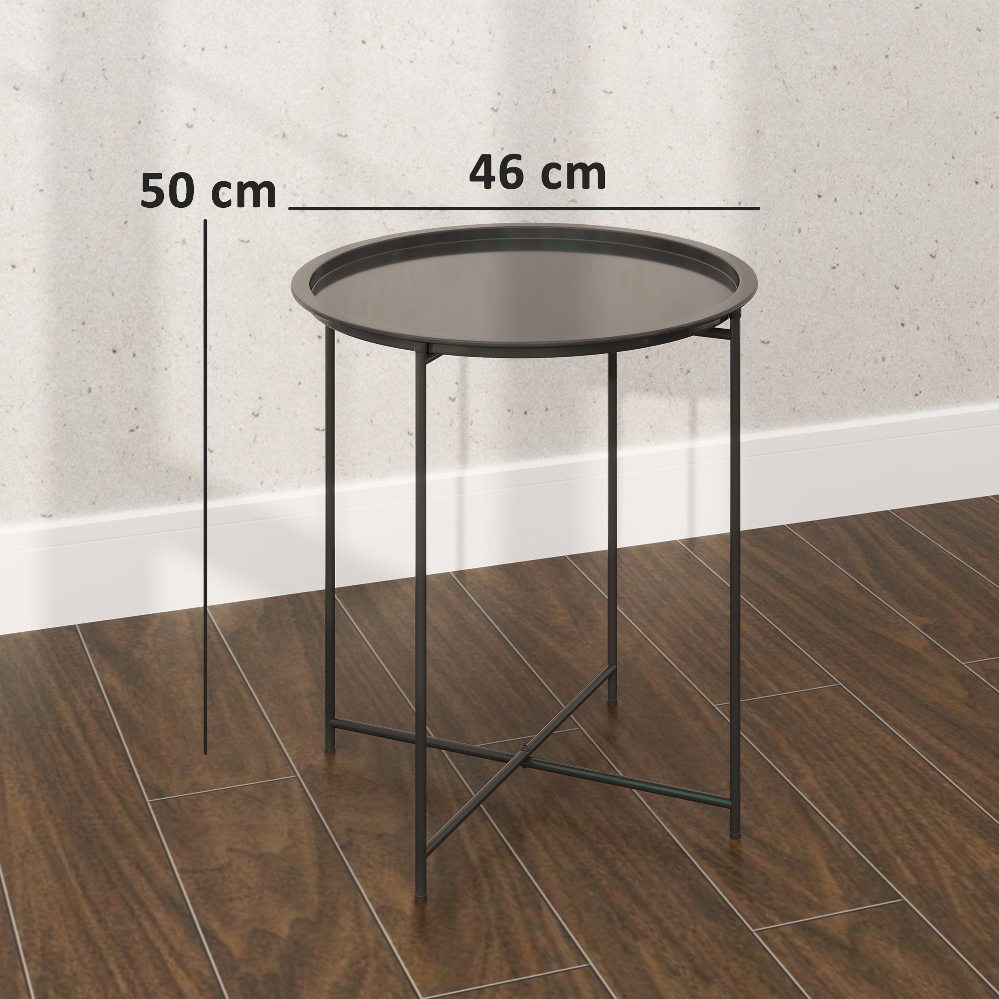 Garden Coffee Table with Removable Tray and Folding Steel Legs, Ø46x50 cm, Black