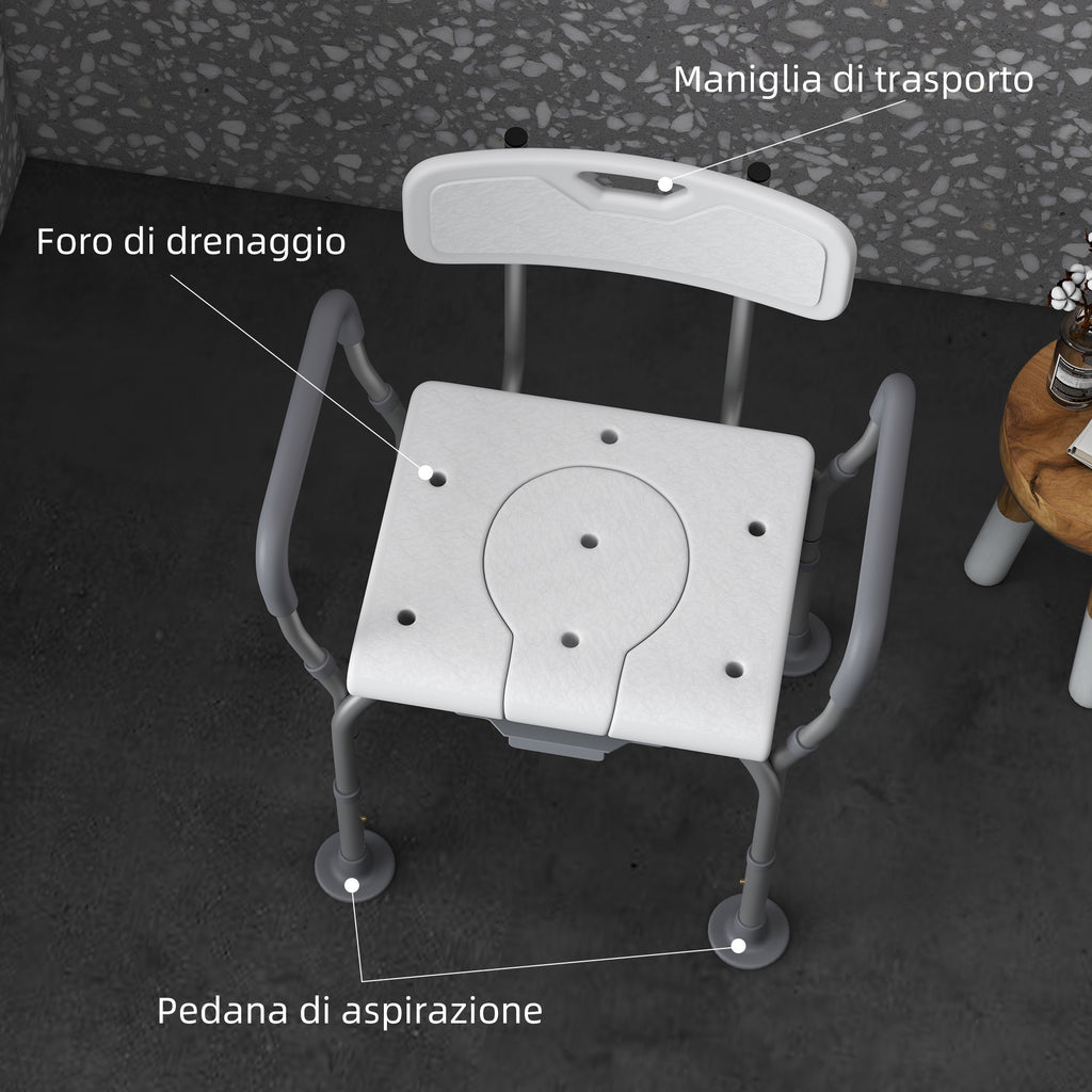 3-in-1 Shower Chair with Backrest and Armrests, Adjustable Height and Non-Slip Feet, White