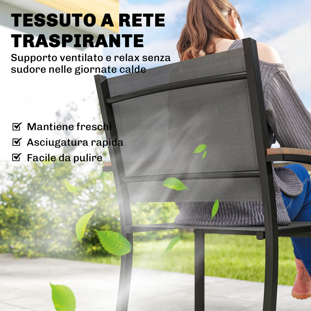 Outsunny Set of 2 Garden Chairs in Texteline and Metal with Wood Effect Armrests, 56x62x89 cm, Grey