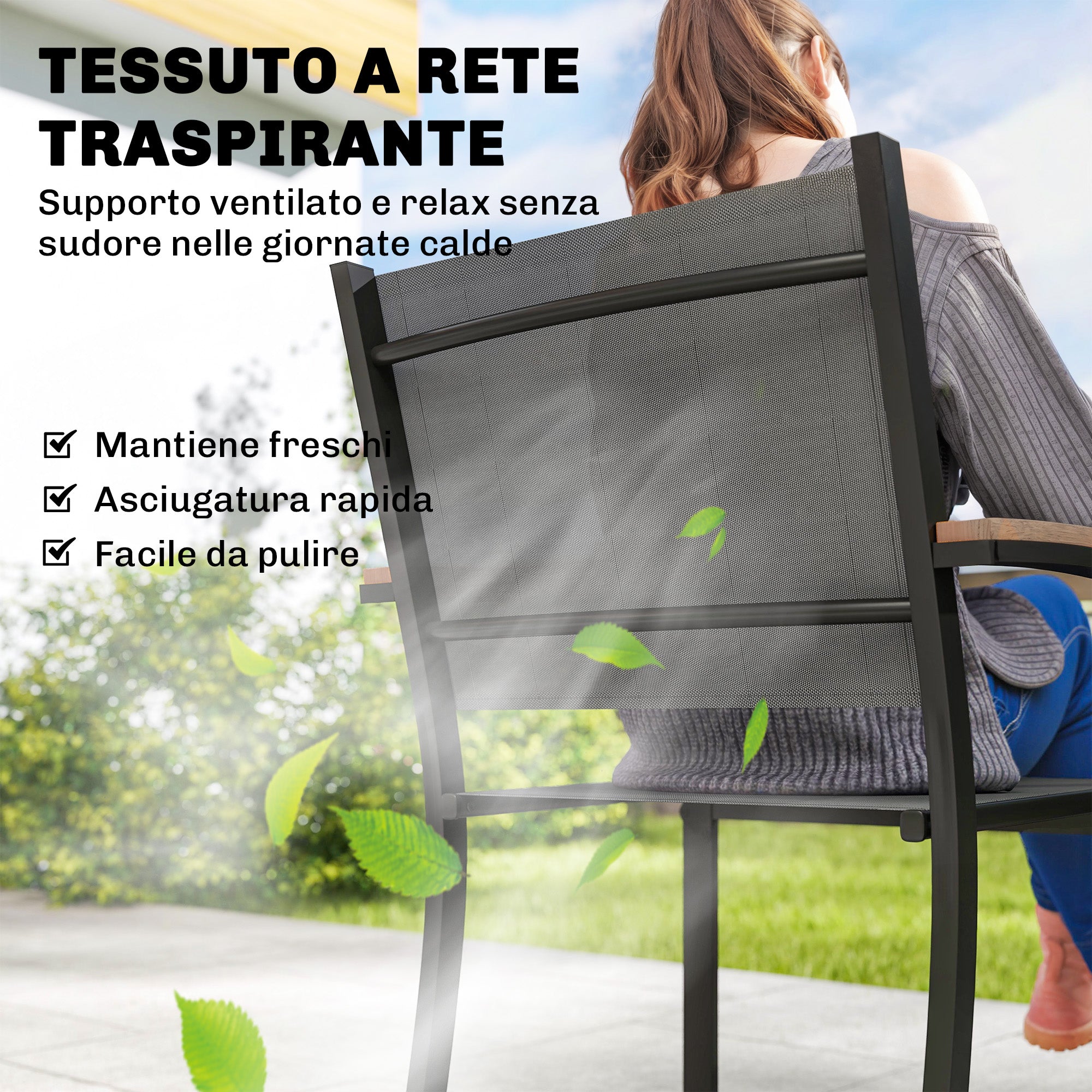 Outsunny Set of 2 Garden Chairs in Texteline and Metal with Wood Effect Armrests, 56x62x89 cm, Grey