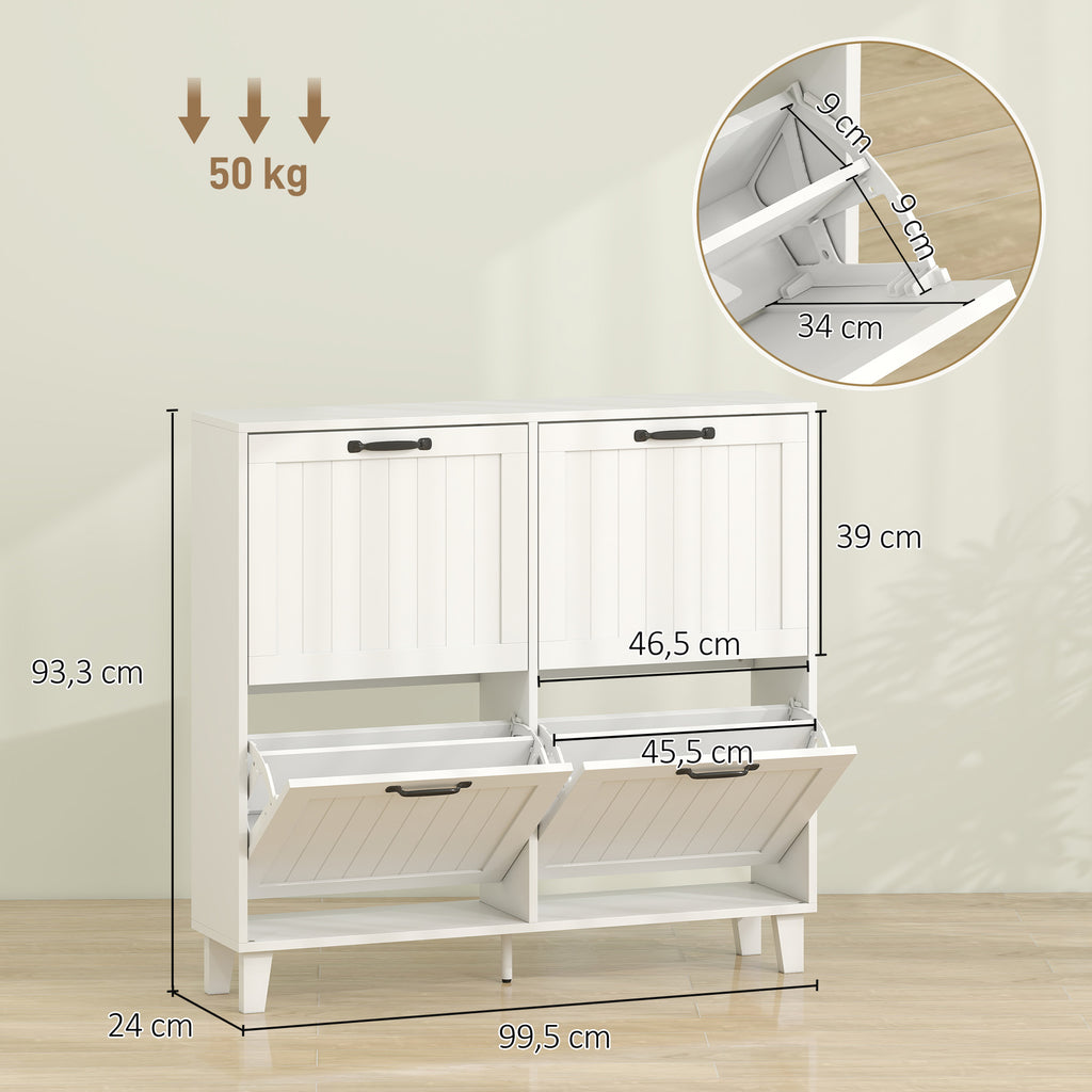 HOMCOM Shoe Cabinet, 4 Folding Drawers, Space-Saving with Adjustable Shelves, White