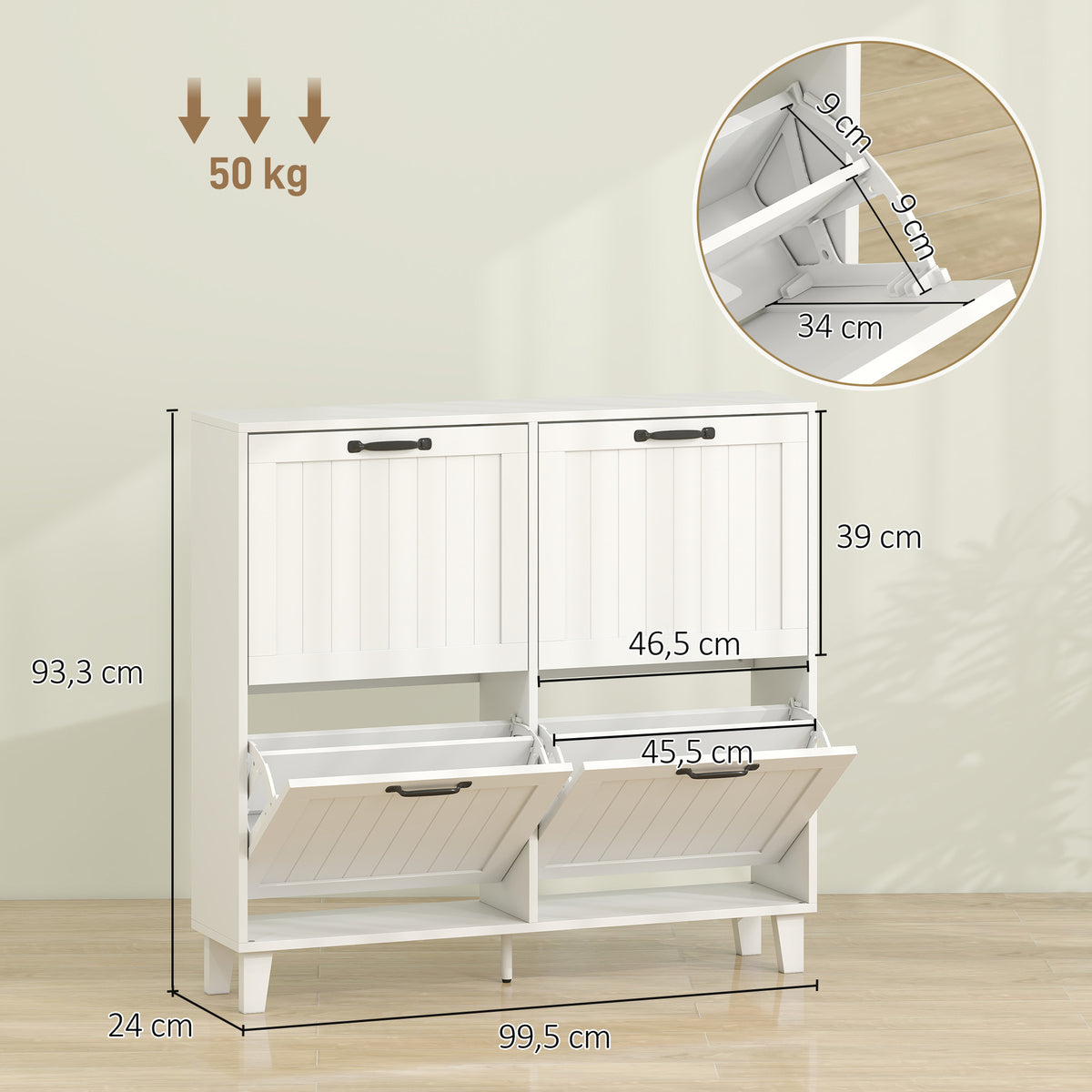 HOMCOM Shoe Cabinet, 4 Folding Drawers, Space-Saving with Adjustable Shelves, White