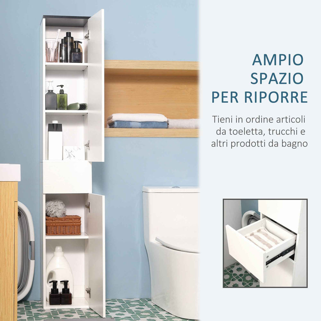 kleankin Bathroom Cabinet with Adjustable Shelf, 2 Closed Shelves and a Wooden Drawer, 30x28x180 cm, White