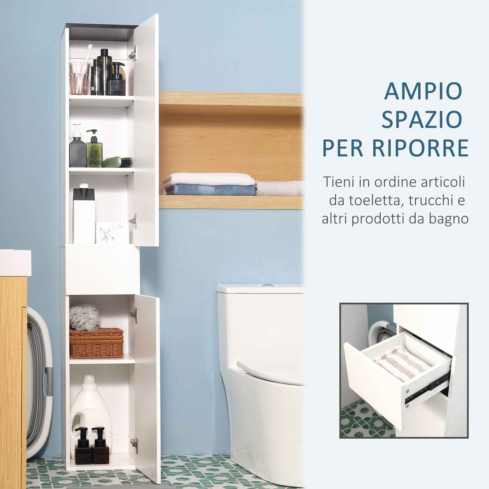 kleankin Bathroom Cabinet with Adjustable Shelf, 2 Closed Shelves and a Wooden Drawer, 30x28x180 cm, White