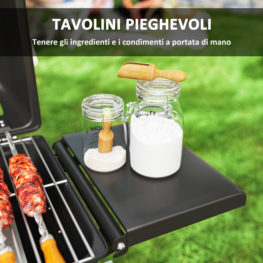 Portable Gas Barbecue with 2 Burners and 2 Side Tables, Lid with Thermometer and Wheels, Black