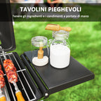 Portable Gas Barbecue with 2 Burners and 2 Side Tables, Lid with Thermometer and Wheels, Black