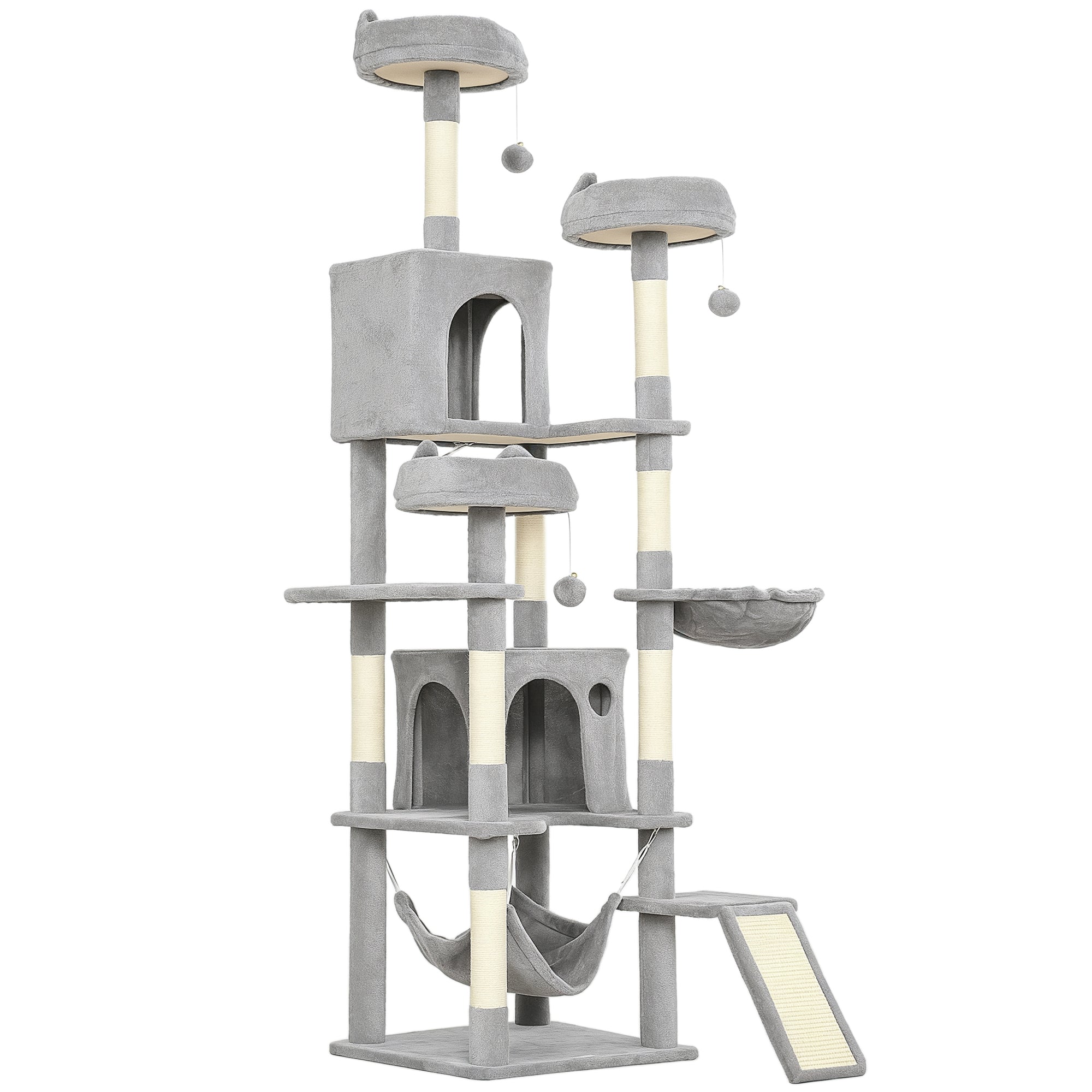 Cat Tree with Ladder, 2 Hammocks, 3 Perches, 2 Houses and 3 Platforms, 48x48x192 cm, Grey and Cream