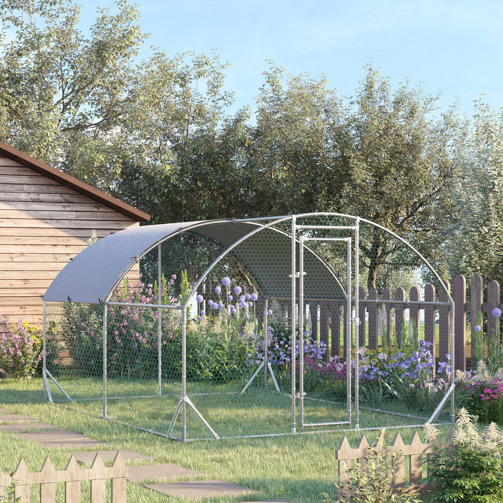 PawHut Galvanized Metal Chicken Run with Roof and UV Cover, 280x380x197 cm, Silver