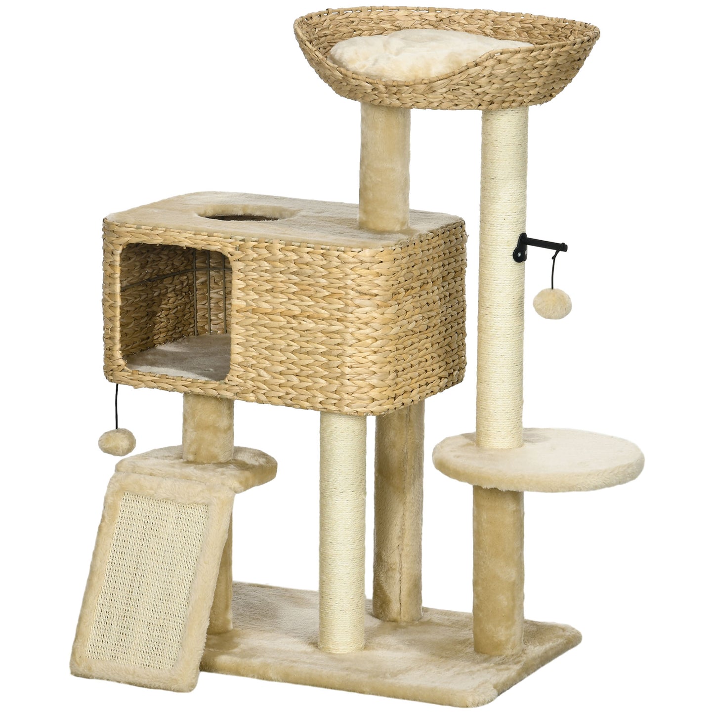 Cat Scratching Tree with House, Perch and Ball, Made of Wood and Polyester, 60x40x95 cm, Brown and Beige