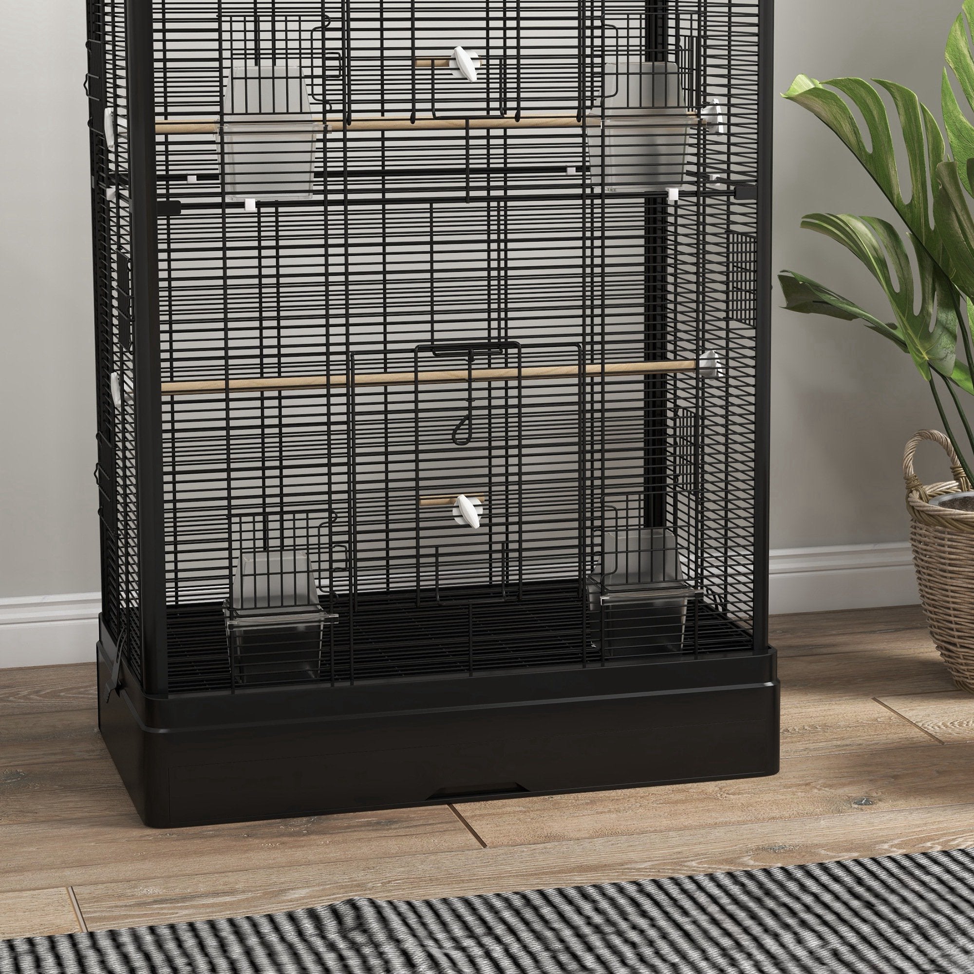 Bird Cage with Removable Tray and Perches, Parrot Aviary, 61x36.5x98cm, Black