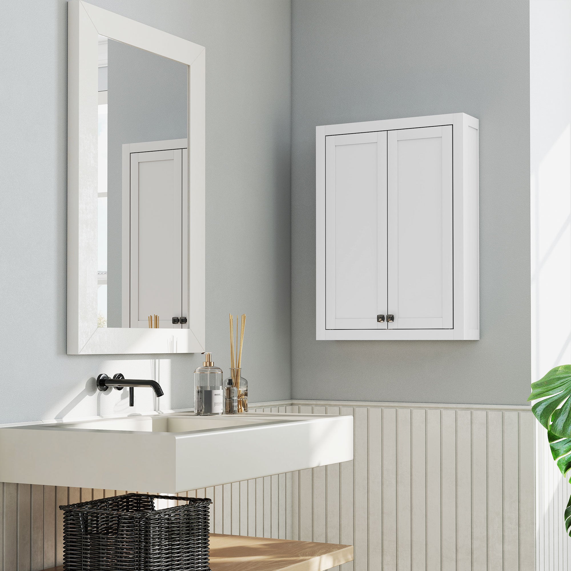 Wall-Mounted Wooden Bathroom Cabinet with 2 Adjustable Shelves on 3 Levels, 61x20x84 cm, White