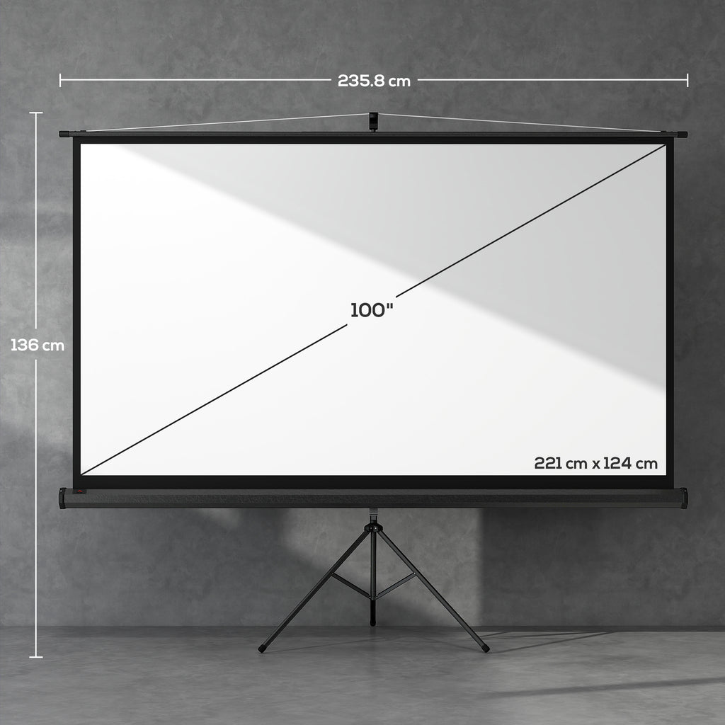 100" Foldable Projector Screen, 16:9 Format, Adjustable Tripod, 235.8 x 8 x 136 cm, Black