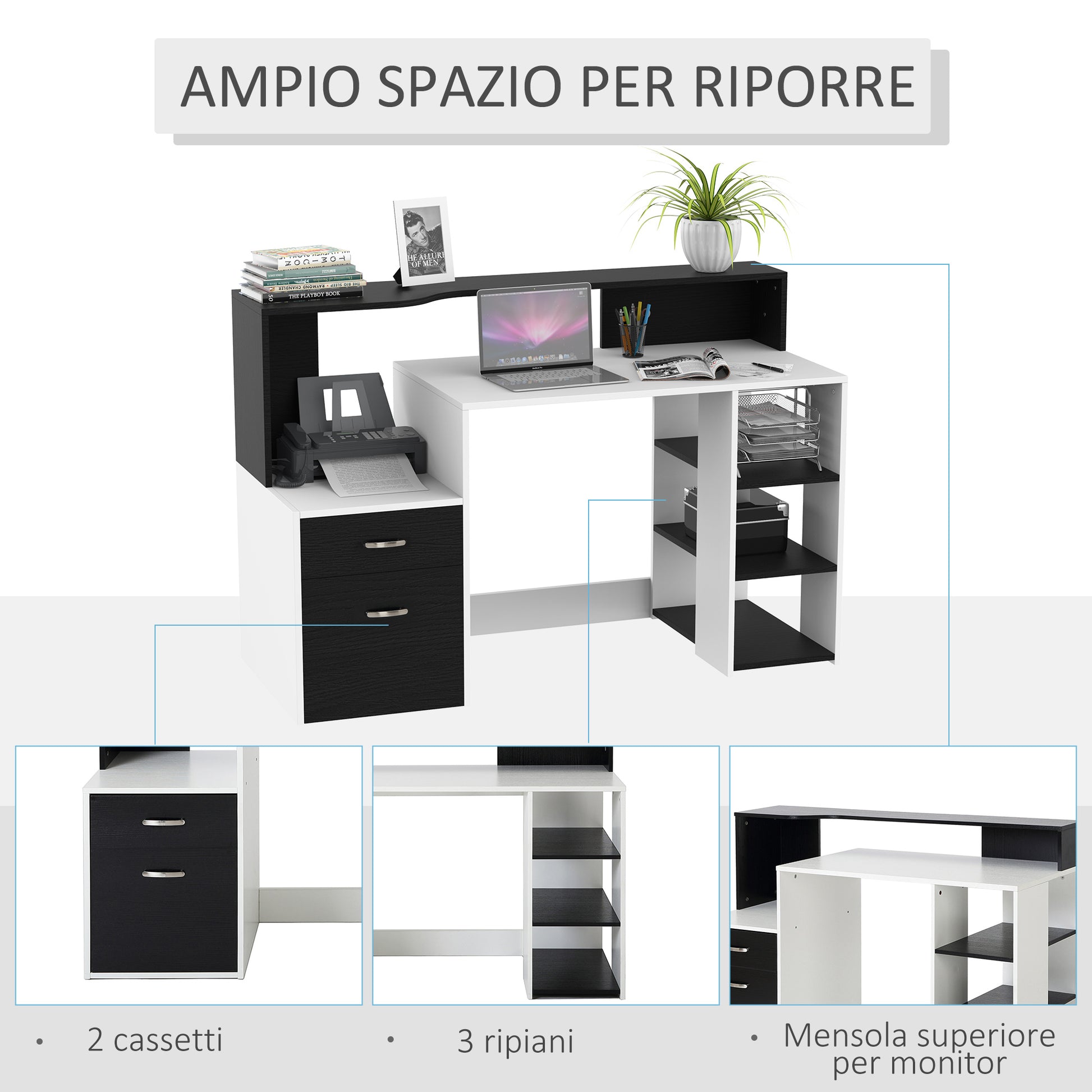 Homcom office desk with printer shelf, 2 drawers and 3 shelves, in black and white mdf, 137 x 55 x 92cm - Borgè