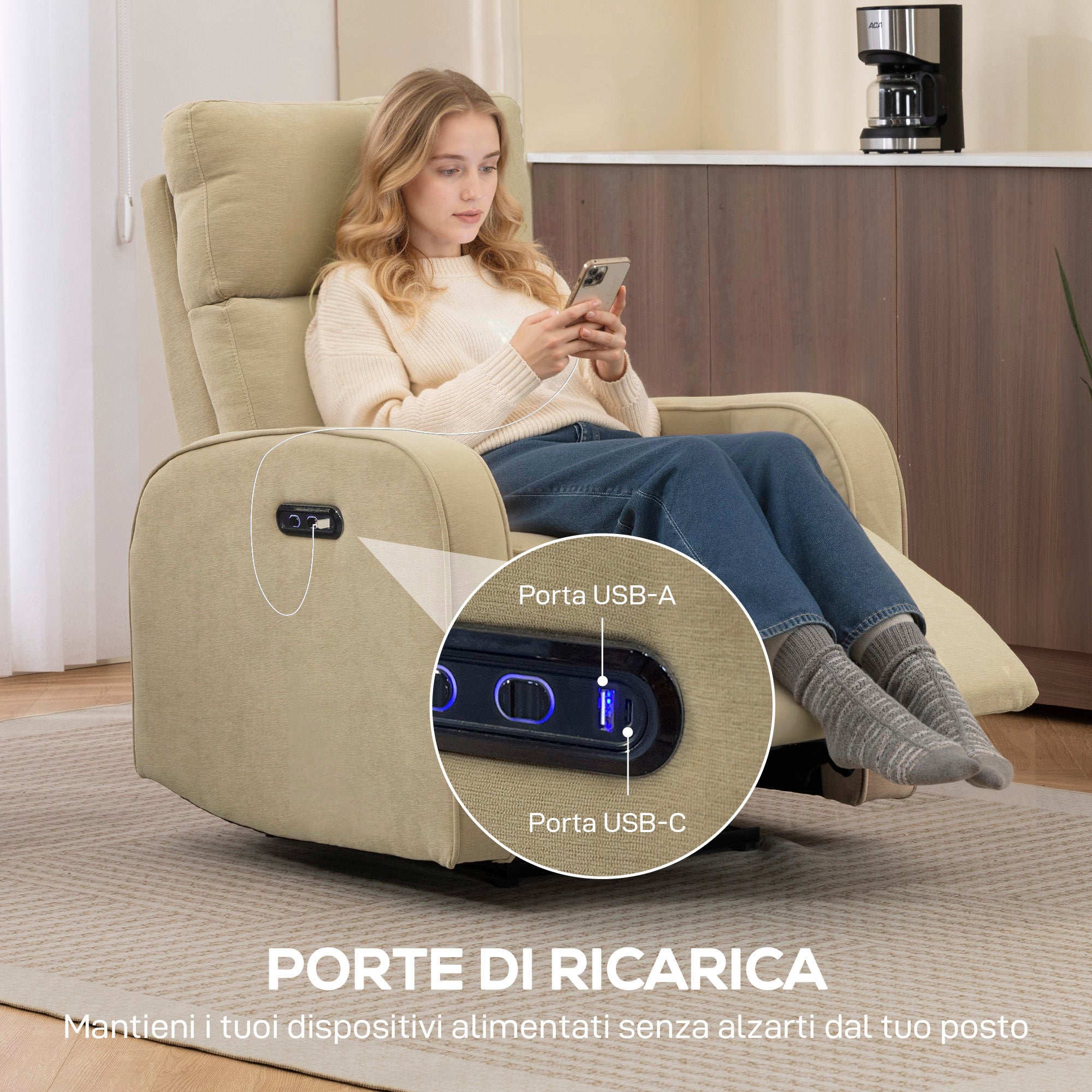 Electric Chenille Recliner Chair with Footrest, Adjustable Headrest and Sockets, 80x93x103 cm, Beige