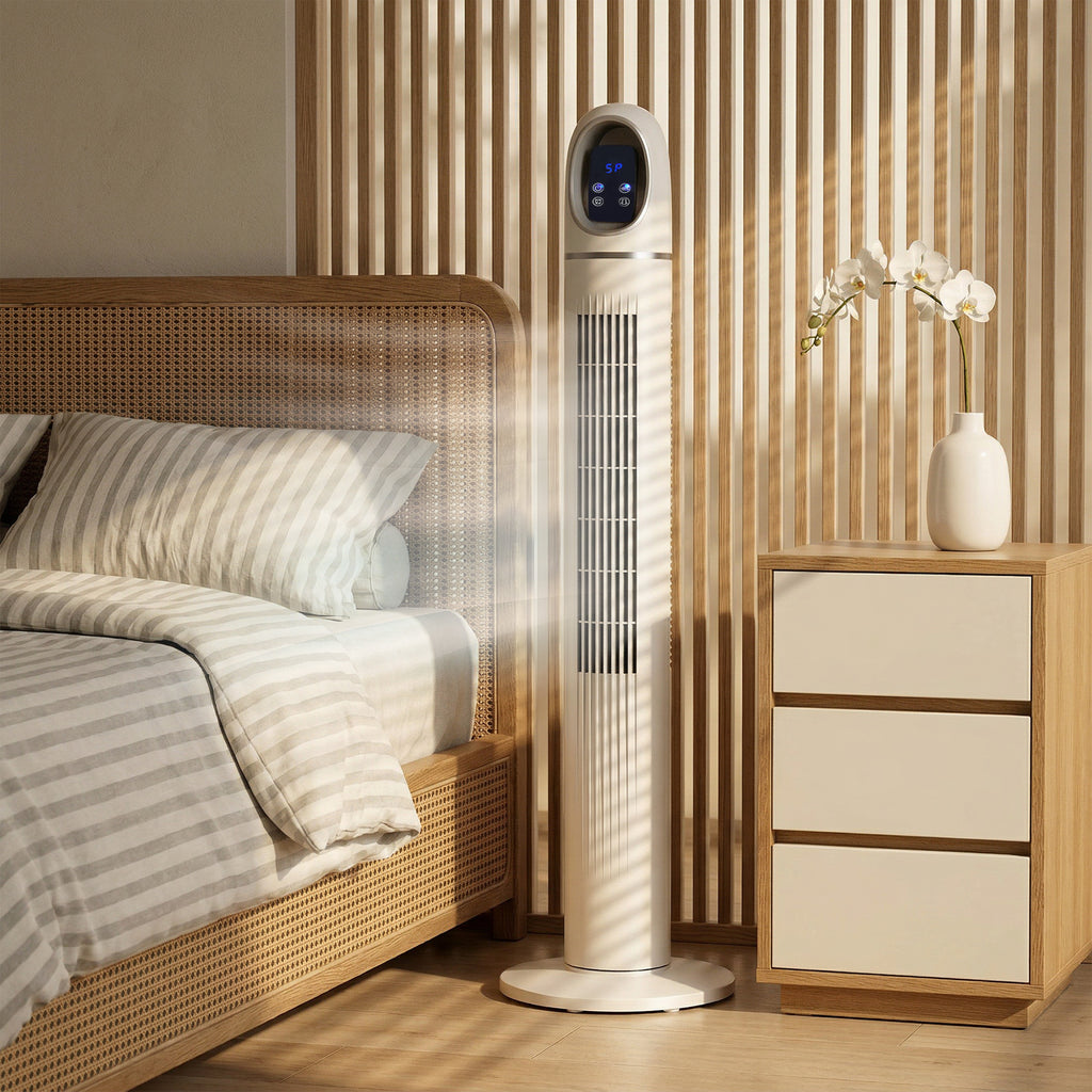 Tower Fan for Bedroom, 70° Oscillating Floor Fan, 4 Modes, 3 Speeds, 24-Hour Timer, White
