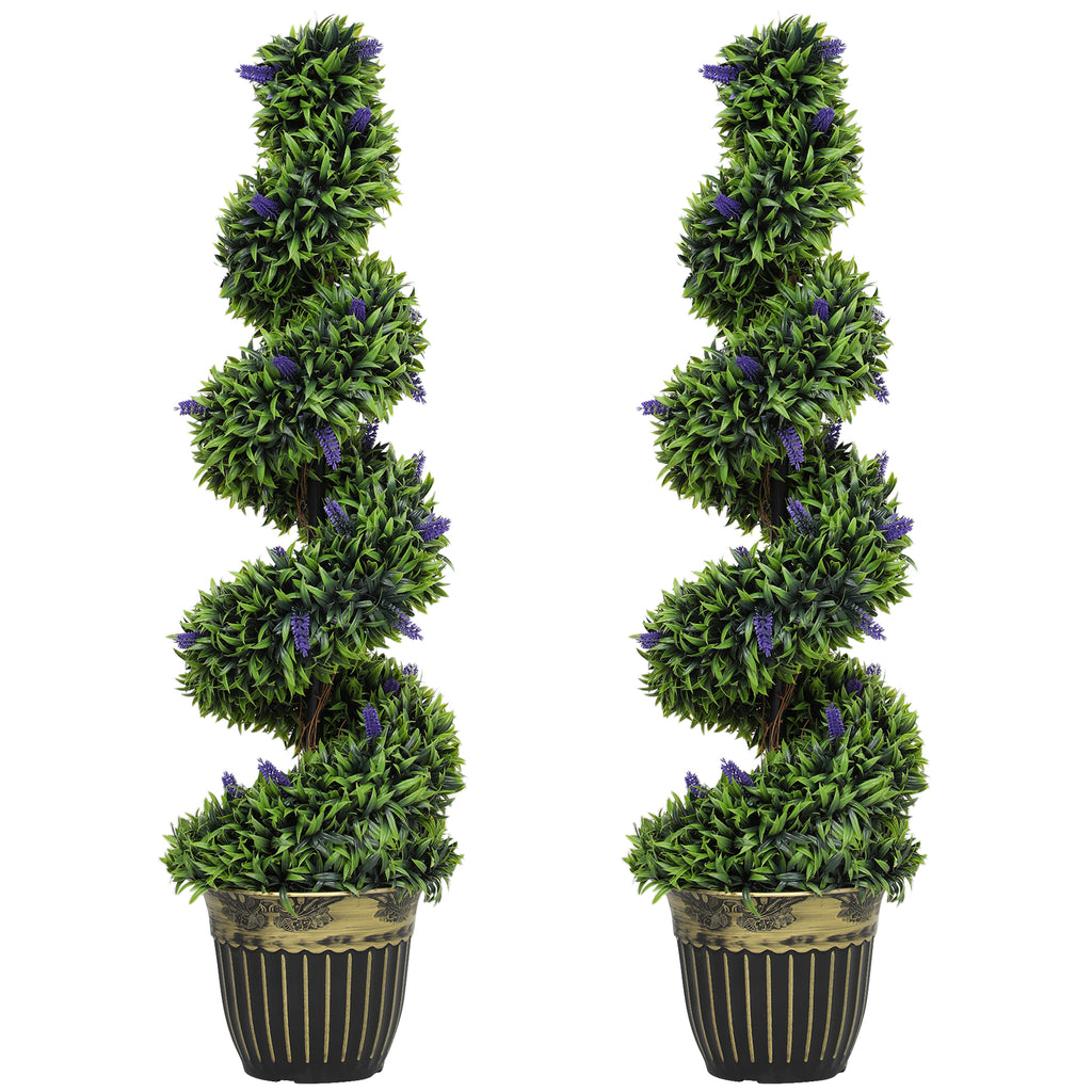 HOMCOM Set of 2 Artificial Boxwood Spiral Plants with UV Protection and Lavender, 115cm, Green and Blue