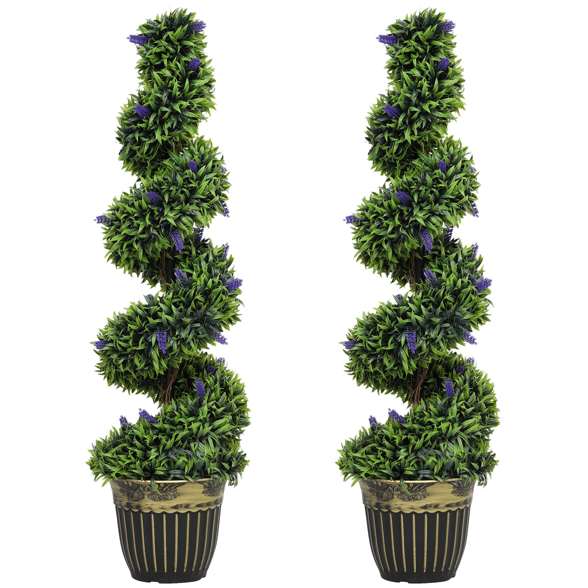 HOMCOM Set of 2 Artificial Boxwood Spiral Plants with UV Protection and Lavender, 115cm, Green and Blue