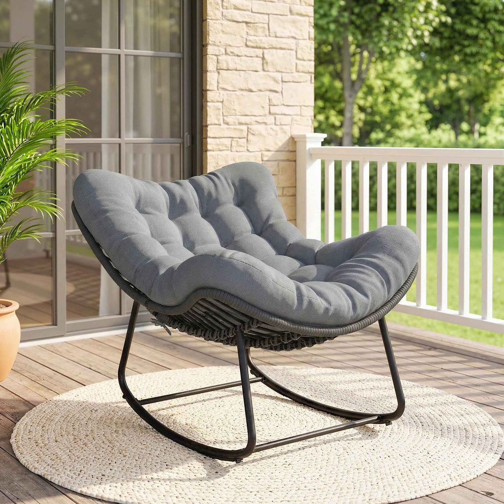 Outsunny Rattan Rocking Chair with Soft Cushion for Garden, Balcony, Dark Grey