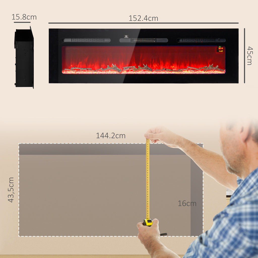 Electric Fireplace 1800W Adjustable with Remote Control, in Steel and Tempered Glass, 152.4x15.8x45 cm, Black