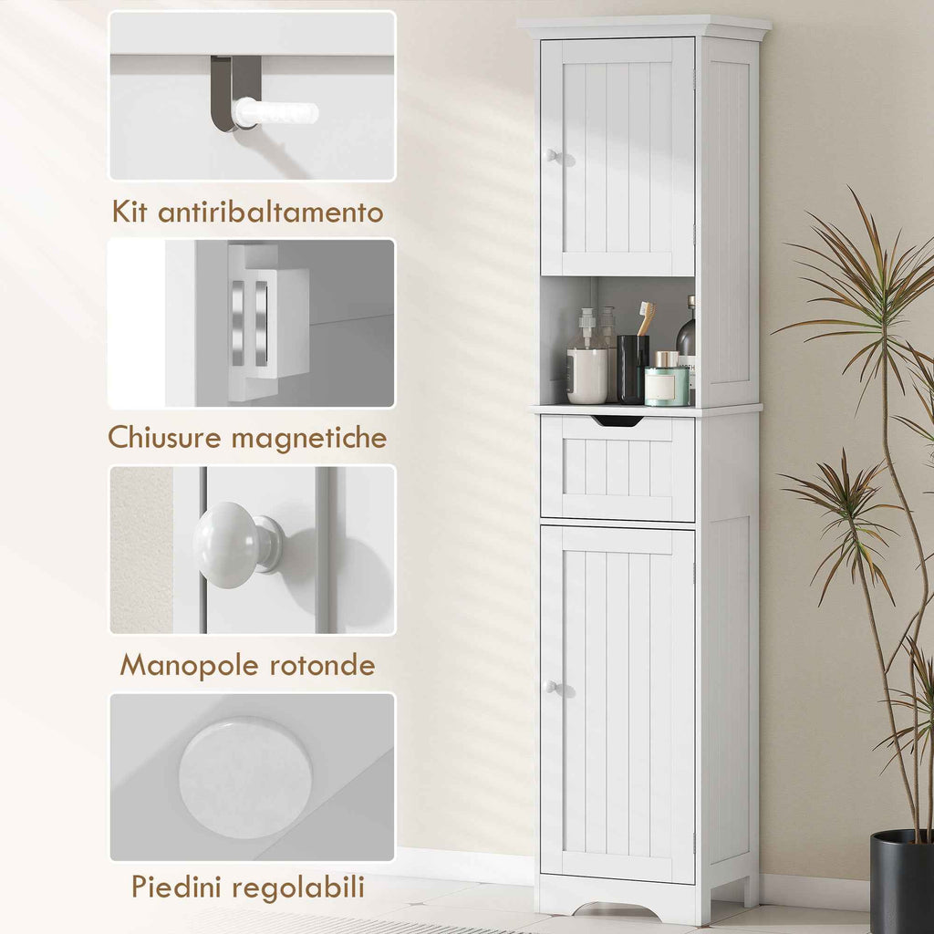 HOMCOM Wooden Bathroom Cabinet with 2 Sensor Cabinets, Open Shelf and Drawer, 40x30x170 cm, White