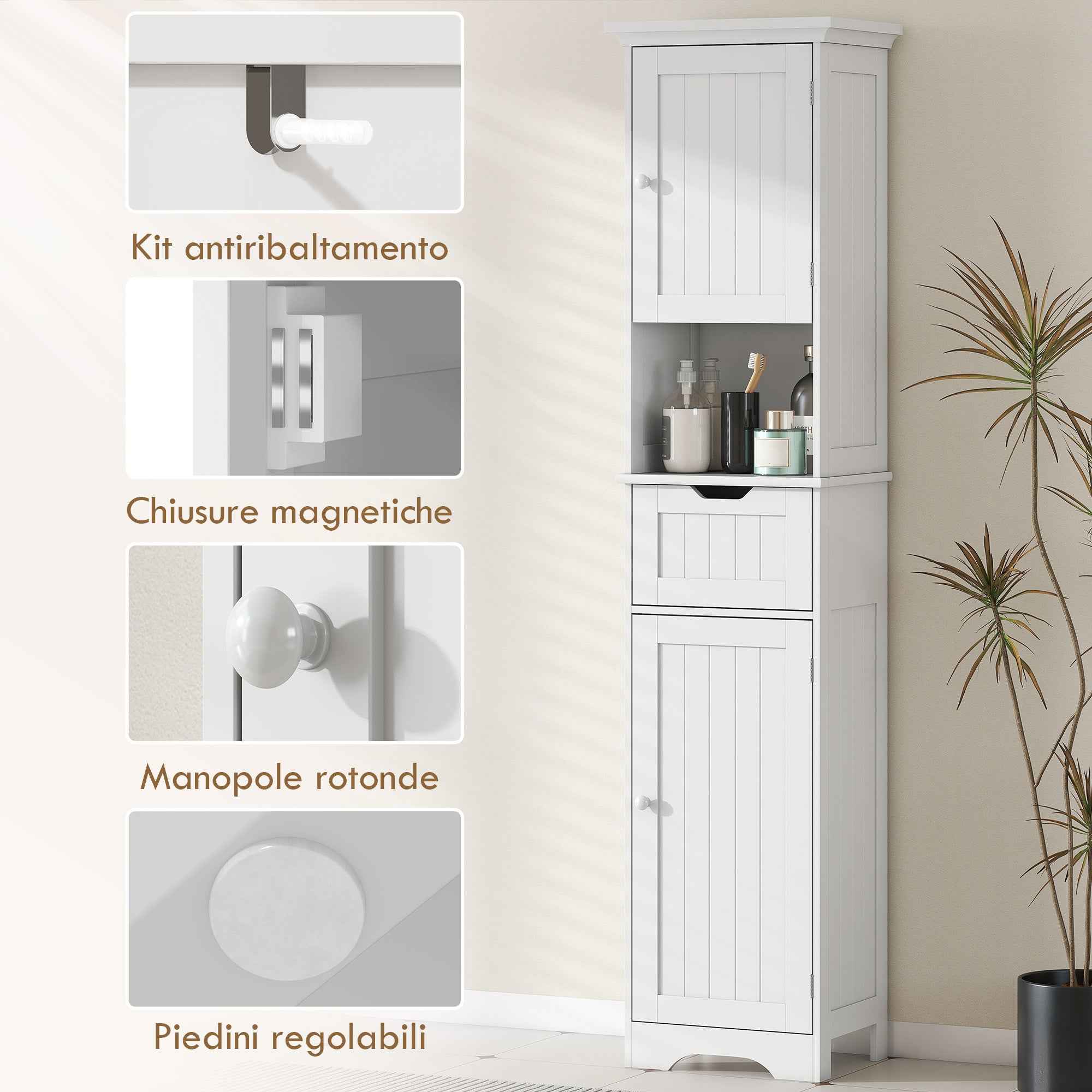 HOMCOM Wooden Bathroom Cabinet with 2 Sensor Cabinets, Open Shelf and Drawer, 40x30x170 cm, White